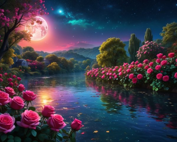Serene river landscape under a vibrant moonlit sky