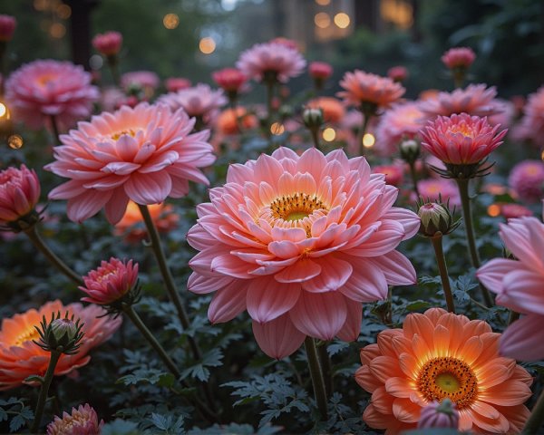 Lush Garden with Blooming Pink Flowers and Foliage