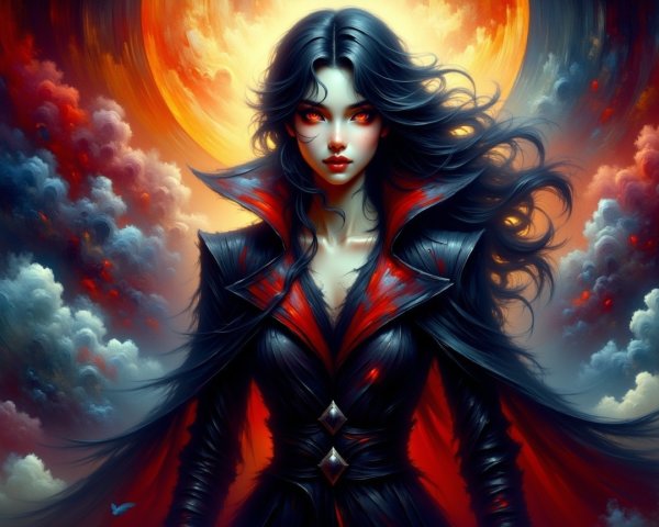 Gothic figure in black and red coat at sunset