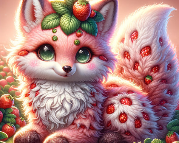 Fluffy Pink Fox with Strawberry Crown in Vibrant Landscape