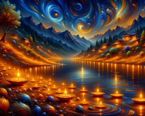 Tranquil River Scene with Floating Candles and Hills