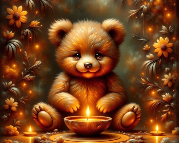 Fluffy teddy bear in a cozy, candlelit setting