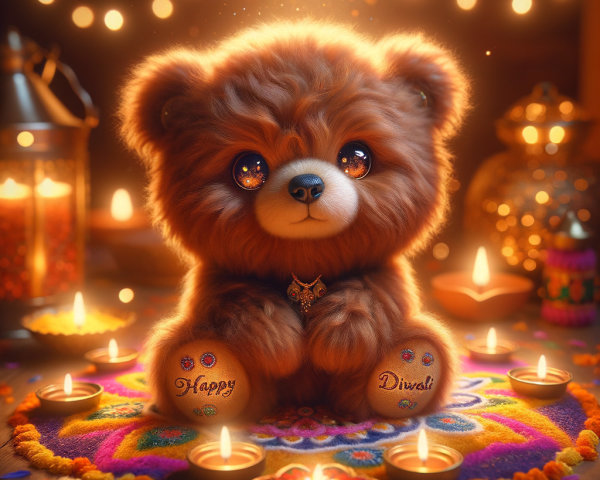 Teddy Bear Surrounded by Diwali Decorations and Lights