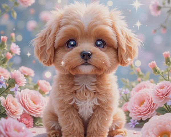 Fluffy Puppy Surrounded by Pink Roses and Stars