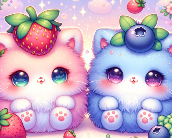 Fluffy Kittens with Fruit Hats in a Colorful Scene