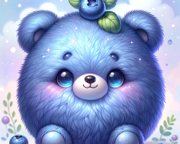 Fluffy Blue Bear Surrounded by Blueberries and Pastels