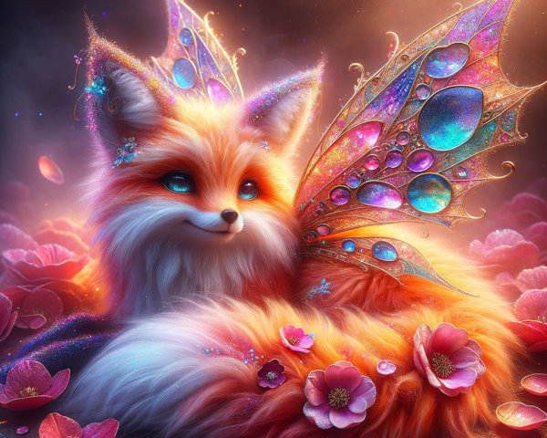 Whimsical fox with butterfly wings in a floral scene