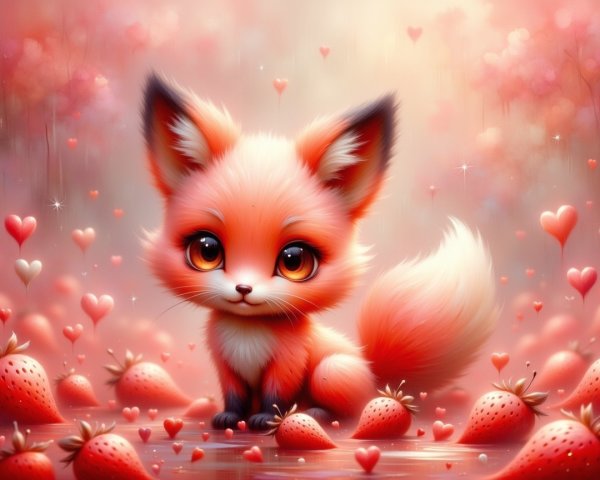 Fluffy Fox Among Vibrant Strawberries and Hearts