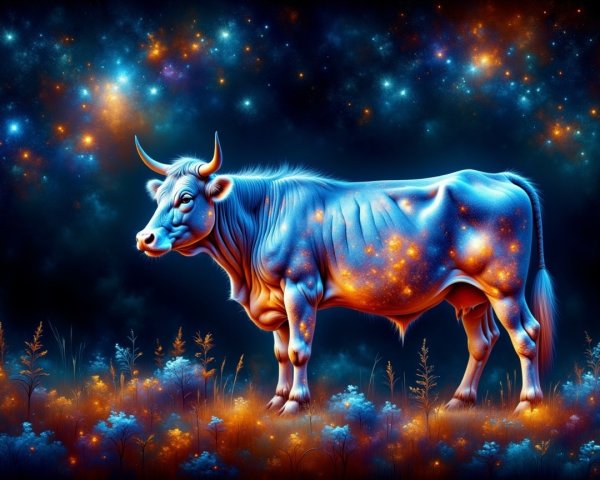 Majestic cow against a cosmic starry backdrop