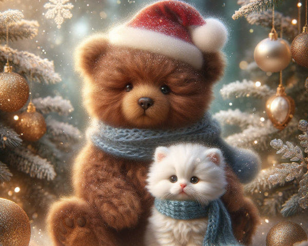 Fluffy teddy bear and kitten in a snowy Christmas scene