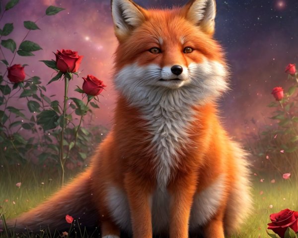 Orange fox in a field of red roses under a starry sky