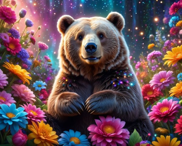 Charming bear in a vibrant flower-filled meadow