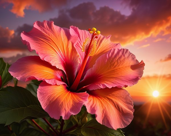 Hibiscus Flower in Pink and Orange at Sunset