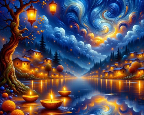 Tranquil Night Scene by a Serene River and Houses
