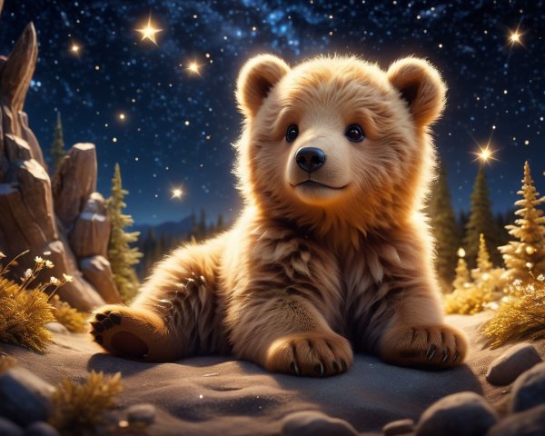 Fluffy Bear Cub in Serene Nighttime Nature Scene