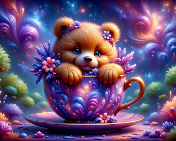 Fluffy Bear Cub in Ornate Teacup Surrounded by Colors
