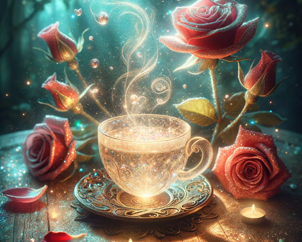 Ornate Teacup Surrounded by Roses and Candlelight