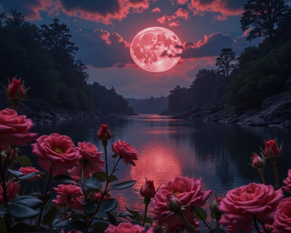 Serene river at sunset with luminous moon and roses