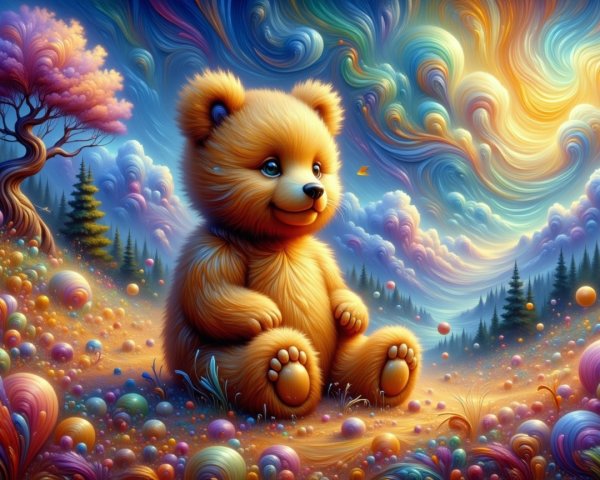 Whimsical Landscape with Colorful Teddy Bear and Trees