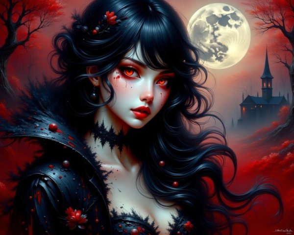 Ethereal Woman in Dark Gown in Moonlit Forest Scene