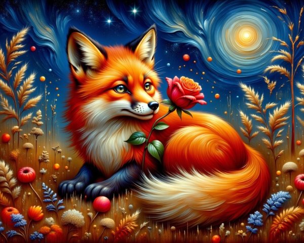 Colorful fox in whimsical landscape with flowers and rose