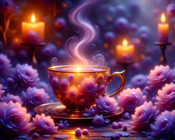 Ornate teacup with roses and soft candlelight ambiance