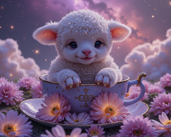 Fluffy Lamb in Teacup Surrounded by Flowers and Stars