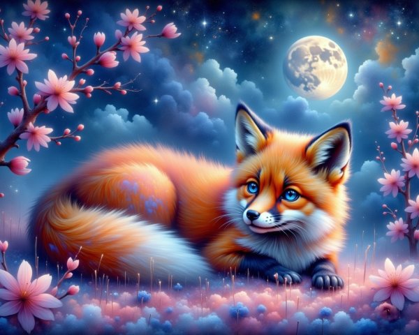 Fox Resting Among Cherry Blossoms Under Moonlight