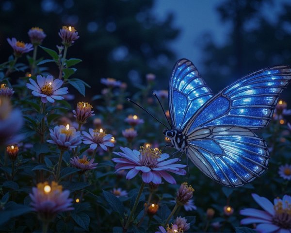 Butterfly with Glowing Blue Wings Among Night Flowers