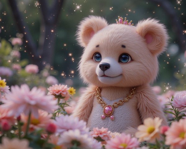 Animated bear in a vibrant garden with pink flowers