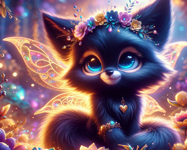 Whimsical Black Fox with Fairy Wings in Vibrant Garden
