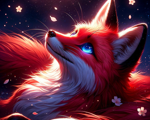 Vibrant fox with blue eyes amidst drifting petals