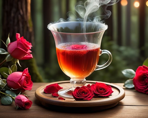 Aromatic tea with rose petals in a serene forest setting