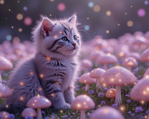 Fluffy Gray Kitten in Whimsical Mushroom Landscape