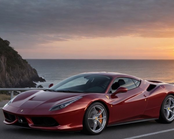 Red Sports Car on Scenic Coastal Road at Sunset