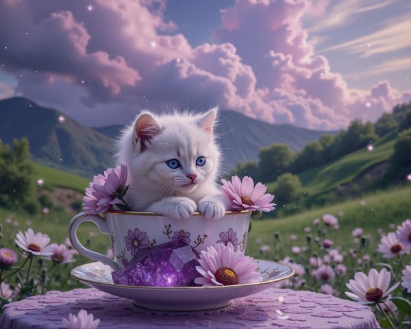 Fluffy White Kitten in Floral Teacup on Meadow
