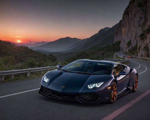 Dark Blue Lamborghini Aventador at Sunset on Road