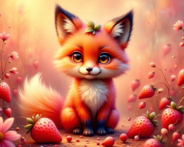 Fox in a Strawberry Field with Flowers and Leaf