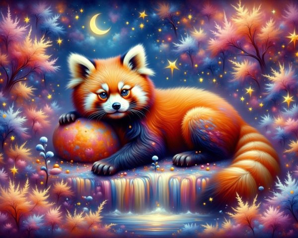 Whimsical Red Panda with Colorful Egg in Dreamy Scene