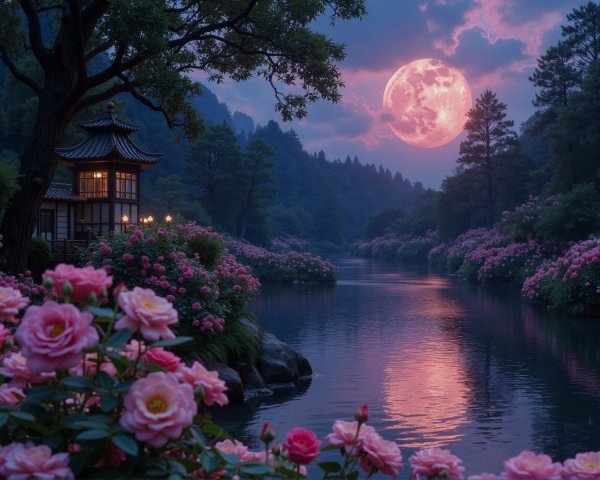 Tranquil River Landscape with Pink Moon and Pagoda