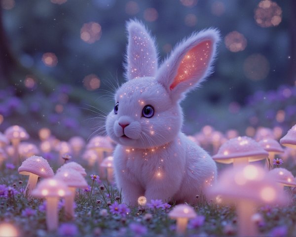 Whimsical Forest Scene with Rabbit and Glowing Mushrooms