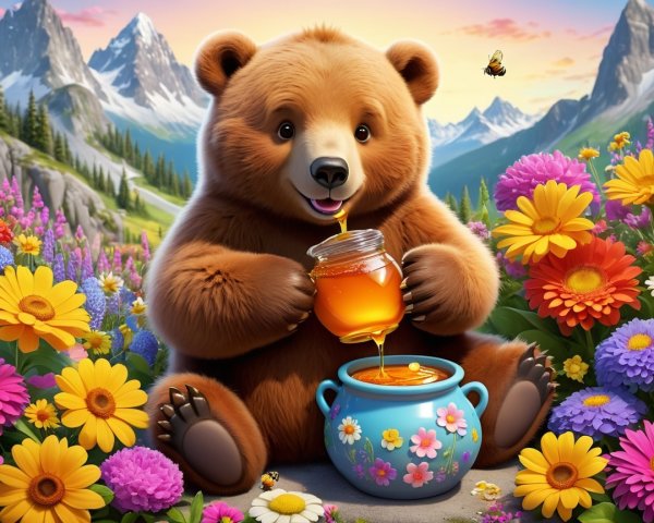 Cheerful bear in a colorful meadow with honey jar