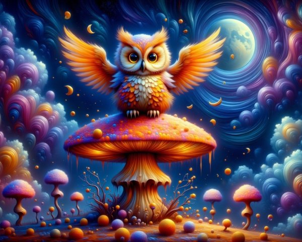 Vibrant Whimsical Landscape with Colorful Owl and Mushrooms