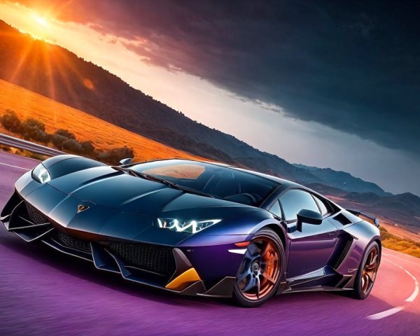 Sleek Sports Car on Winding Road at Sunset