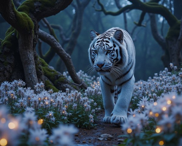 White Tiger in Mystical Forest with Glowing Flowers