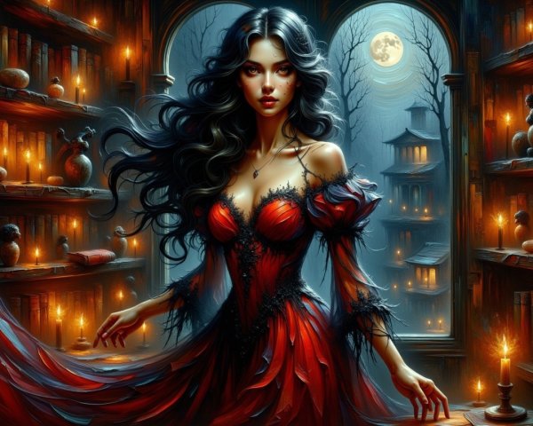 Mysterious Woman in Crimson Gown in Dim Library