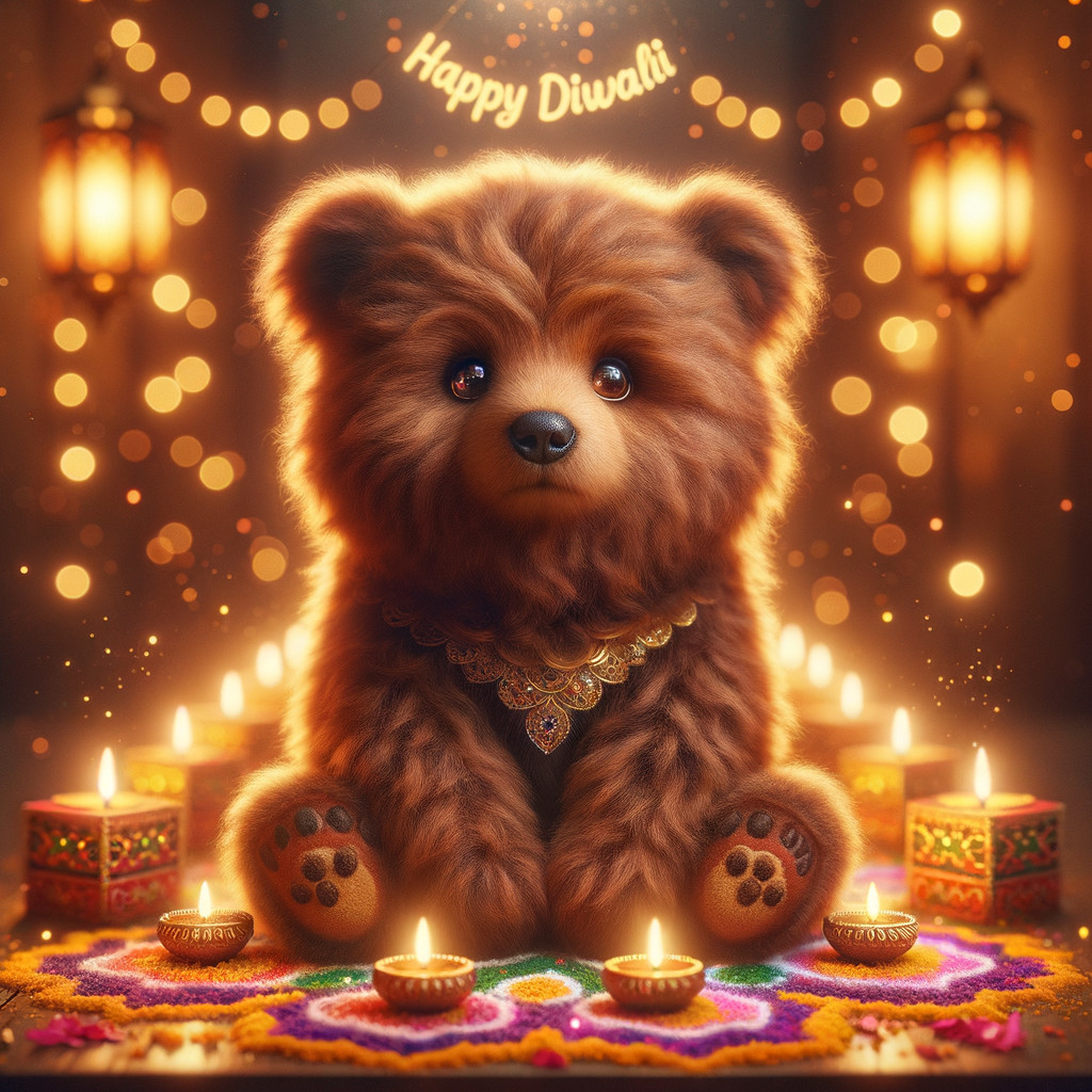 Fluffy bear in festive Diwali celebration setting