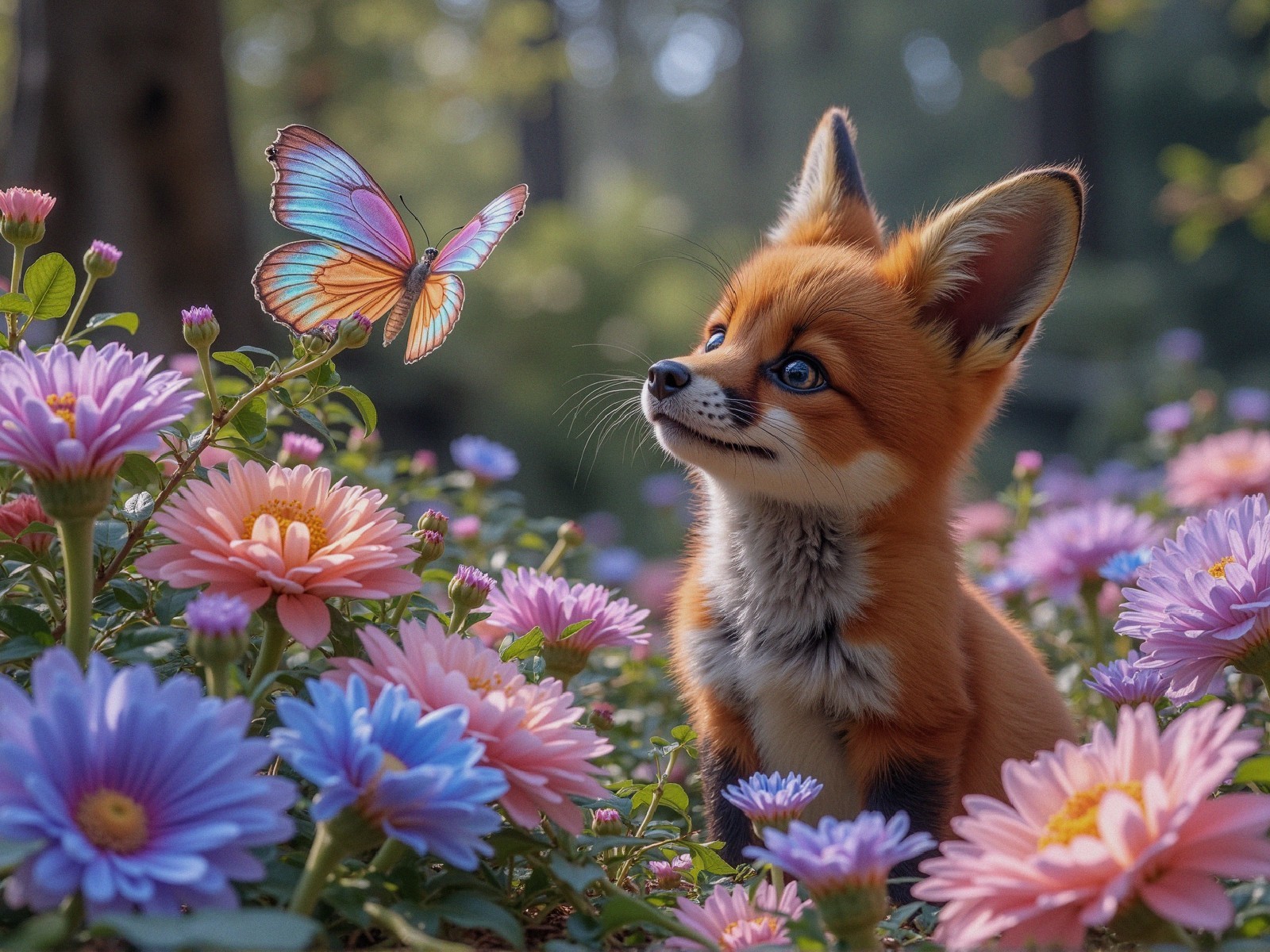 Charming Fox in Colorful Garden with Butterfly