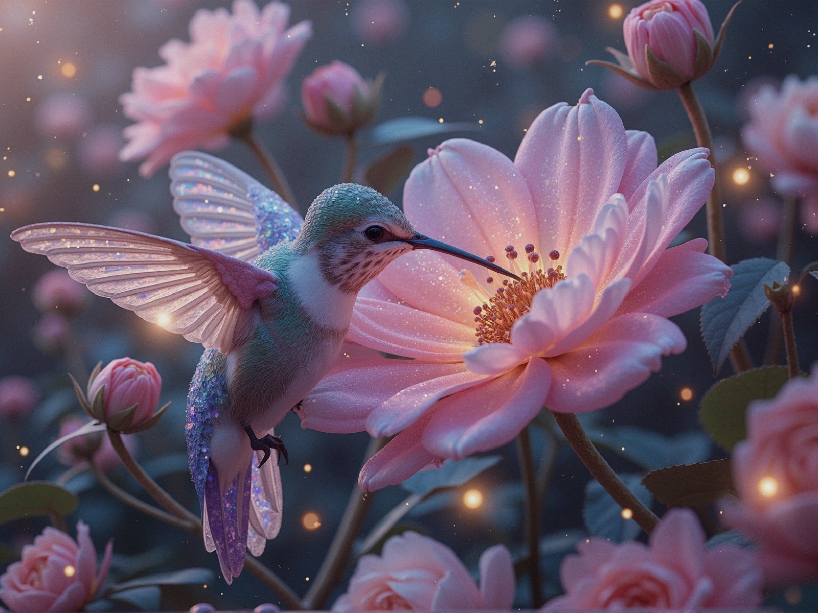 Hummingbird and Pink Flower in Enchanting Setting