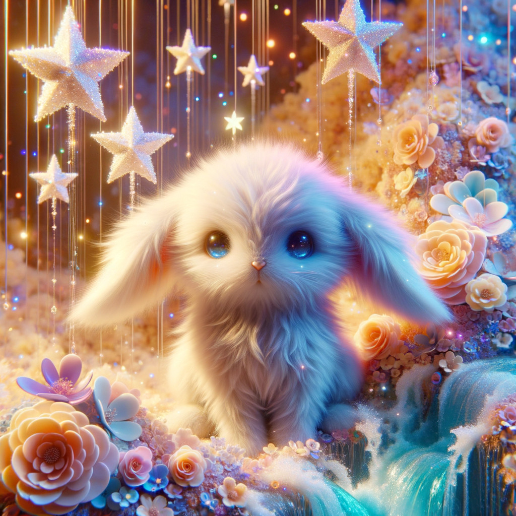 Pastel Bunny in Dreamy Floral Landscape with Stars